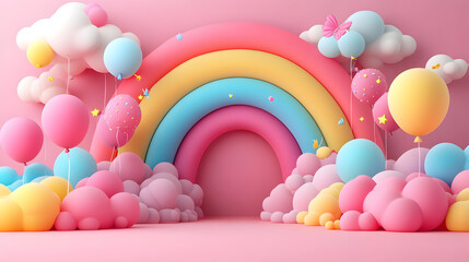 Poster - A colorful, whimsical scene featuring balloons and a rainbow.