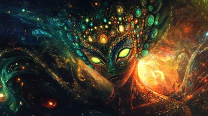Wall Mural - alien being with intricate body patterns and glowing eyes, surrounded by a mysterious and otherworld