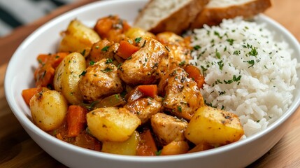 bread, rice, and potatoes are served with sautéed chicken and vegetables.