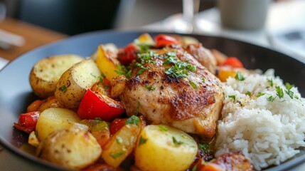 Wall Mural - bread, rice, and potatoes are served with sautéed chicken and vegetables.