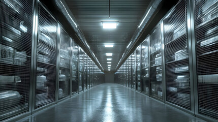 Sticker - A dimly lit corridor in a storage facility with shelves.