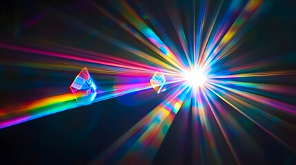 Wall Mural - Blue light flare prism rainbow flares overlay effect on black background light crossing crystals prismatic sun catcher reflections rays Abstract blurred colourful lens flare bokeh on d 