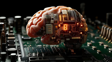 Canvas Print - A futuristic brain integrated with electronic circuits on a circuit board.