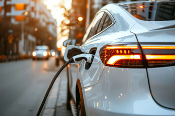 A close-up of a white electric car charging in front of a modern house