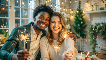 Wall Mural - Cheerful young couple holding sparklers and smiling while celebrating Christmas at home