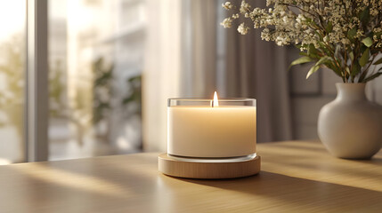 Wall Mural - A lit candle on a wooden table with flowers in the background.