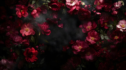 Wall Mural - A lush arrangement of red and pink flowers against a dark background, creating a dramatic effect.