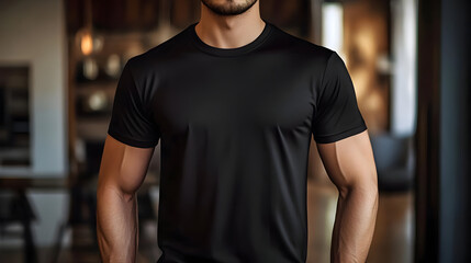 Sticker - A man wearing a fitted black t-shirt in a modern interior setting.