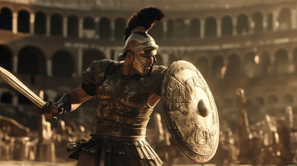 gladiator at attack during fight in colloseum of rome