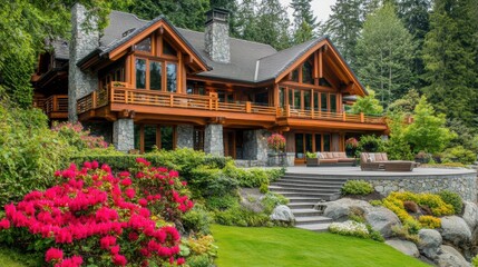 Poster - A large house with a deck and flowers in the yard, AI