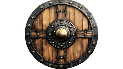 A round wooden shield with metal accents and a central boss.