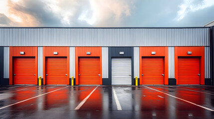 Sticker - A row of storage units with orange and gray doors reflecting on a wet surface.