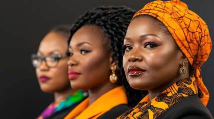 Wall Mural - Confident African Women in Traditional Headscarves and Stylish Suits.  A powerful image representing strength, beauty, and cultural pride.