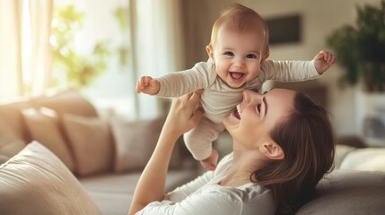 Canvas Print - A woman holding a baby in the air while sitting on top of her, AI