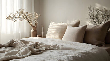 Wall Mural - A serene bedroom scene with neutral tones, cozy bedding, and decorative plants.