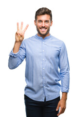 Sticker - Young handsome man over isolated background showing and pointing up with fingers number three while smiling confident and happy.