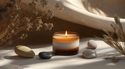 Wall Mural - A serene candle surrounded by pebbles and dried plants.