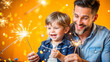 © NewFresh  - Father and son with sparklers on a yellow background. New year concept.