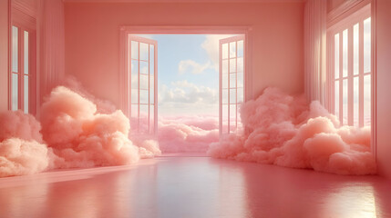 Canvas Print - A serene room with pink clouds and open windows, creating a dreamy atmosphere.