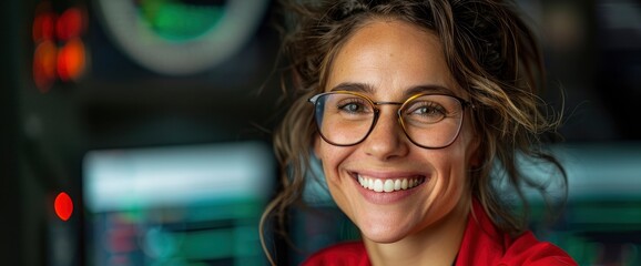 Smiling Hispanic Woman Programmer Working In A Bright Office With Multiple Screens, Embodying Modern Tech And Diversity