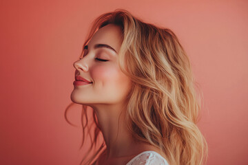 A close up of a woman's face with her eyes closed and long blond hair