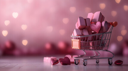 Canvas Print - A shopping cart filled with pink gifts and hearts on a soft background.