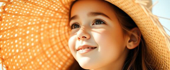 Canvas Print - Young girl in a straw hat looking up