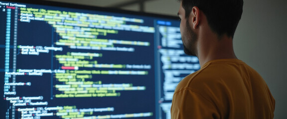 Programmer Looking at Code on a Large Monitor
