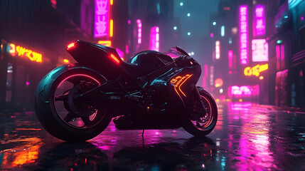 Canvas Print - A sleek motorcycle illuminated by neon lights in a rainy cityscape.