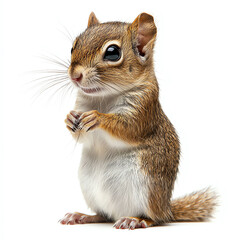 Adorable squirrel standing upright on a white background, showcasing its curious and playful nature in a detailed close-up image.