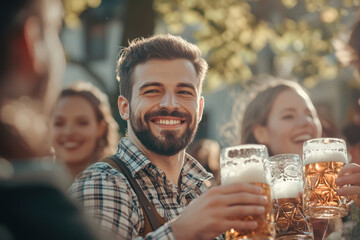 Wall Mural - A cheerful young Caucasian man with a neat beard and short hair, smiling brightly while holding a beer mug outdoors during an Oktoberfest celebration with friends in the background.