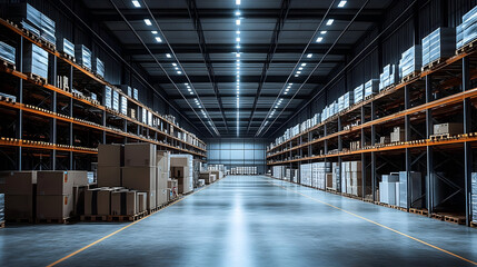 Poster - A spacious warehouse filled with neatly organized shelves and boxes.