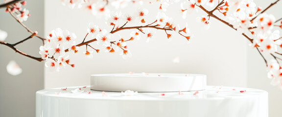 Canvas Print - White Round Podium With Cherry Blossoms And Petals