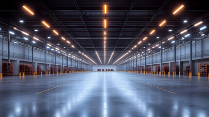 Poster - A spacious, well-lit warehouse interior with organized shelving and polished floors.