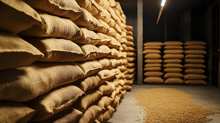 Canvas Print - A storage area filled with burlap sacks of grain.