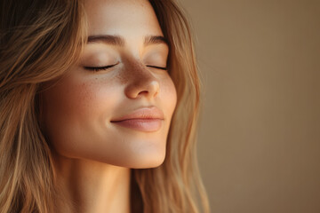 A close up of a woman's face with her eyes closed and long blond hair