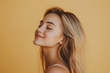 A close up of a woman's face with her eyes closed and long blond hair