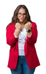 Beautiful plus size young business woman wearing elegant jacket and glasses over isolated background Ready to fight with fist defense gesture, angry and upset face, afraid of problem