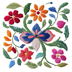 Colorful floral embroidery on white fabric, cut out - stock png.