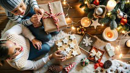 Wall Mural - Top view of mother and son decorating christmas tree with presents