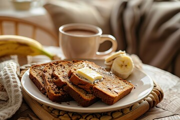 Sliced banana bread with a dollop of butter and a hot cup of cocoa