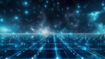 Blue digital background with glowing lines and circles, dark blue, low angle view of an endless grid landscape, network connections in the distance.