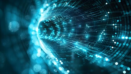 Abstract digital background with a blue glowing light and network connections on a dark black backdrop, representing technology or futuristic internet communication. 