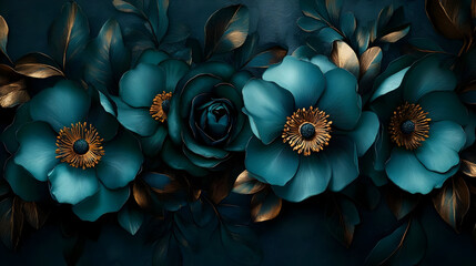 Poster - A vibrant floral arrangement with teal flowers and golden accents.