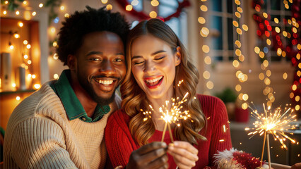 Wall Mural - happy couple with sparklers celebrating christmas at new year's eve