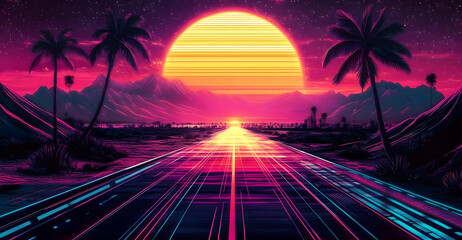 Sticker - A vibrant sunset over a futuristic road with palm trees, evoking a retro aesthetic.