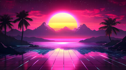 Wall Mural - A vibrant sunset over a reflective landscape with palm trees.