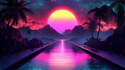 Sticker - A vibrant sunset over a serene river, surrounded by mountains and palm trees.