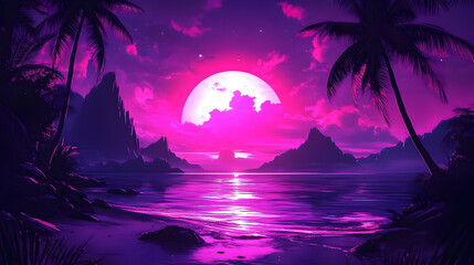 Wall Mural - A vibrant sunset over a tropical beach, with purple hues and silhouettes of palm trees.