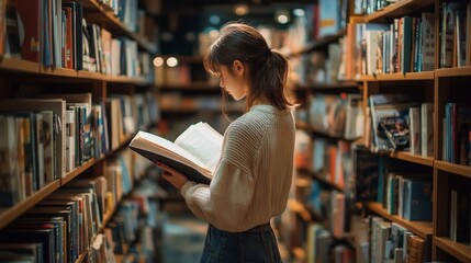 Poster - Person standing in the aisle of a bookstore reading a book